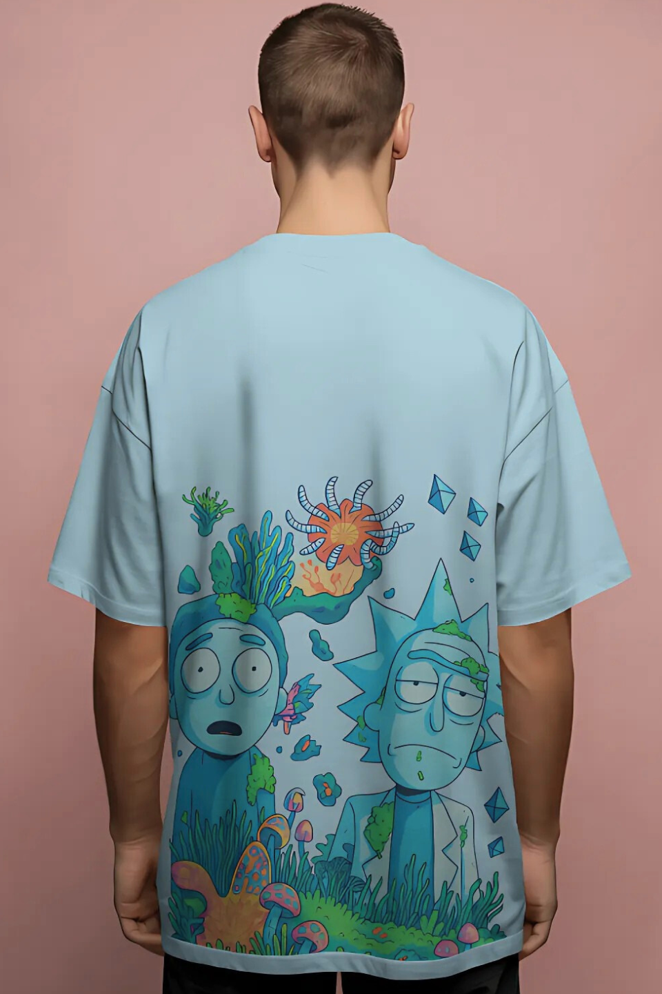 Rick and Morty Underwater World Graphic Oversized T-Shirt – Light Blue - Image 2